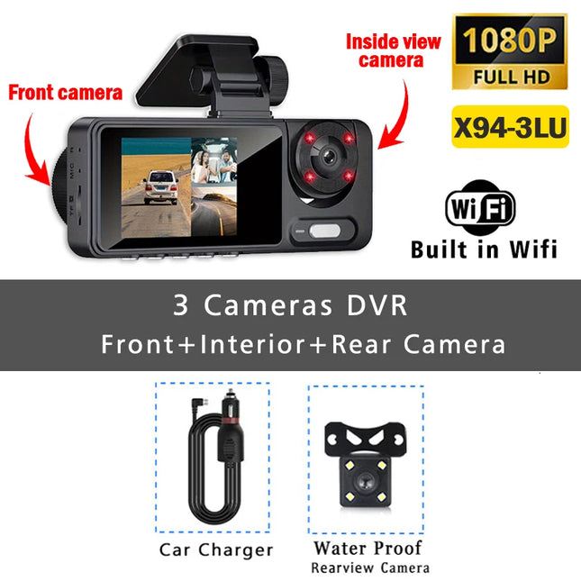 Triple Camera Dashcam with Front Interior Rear Recording